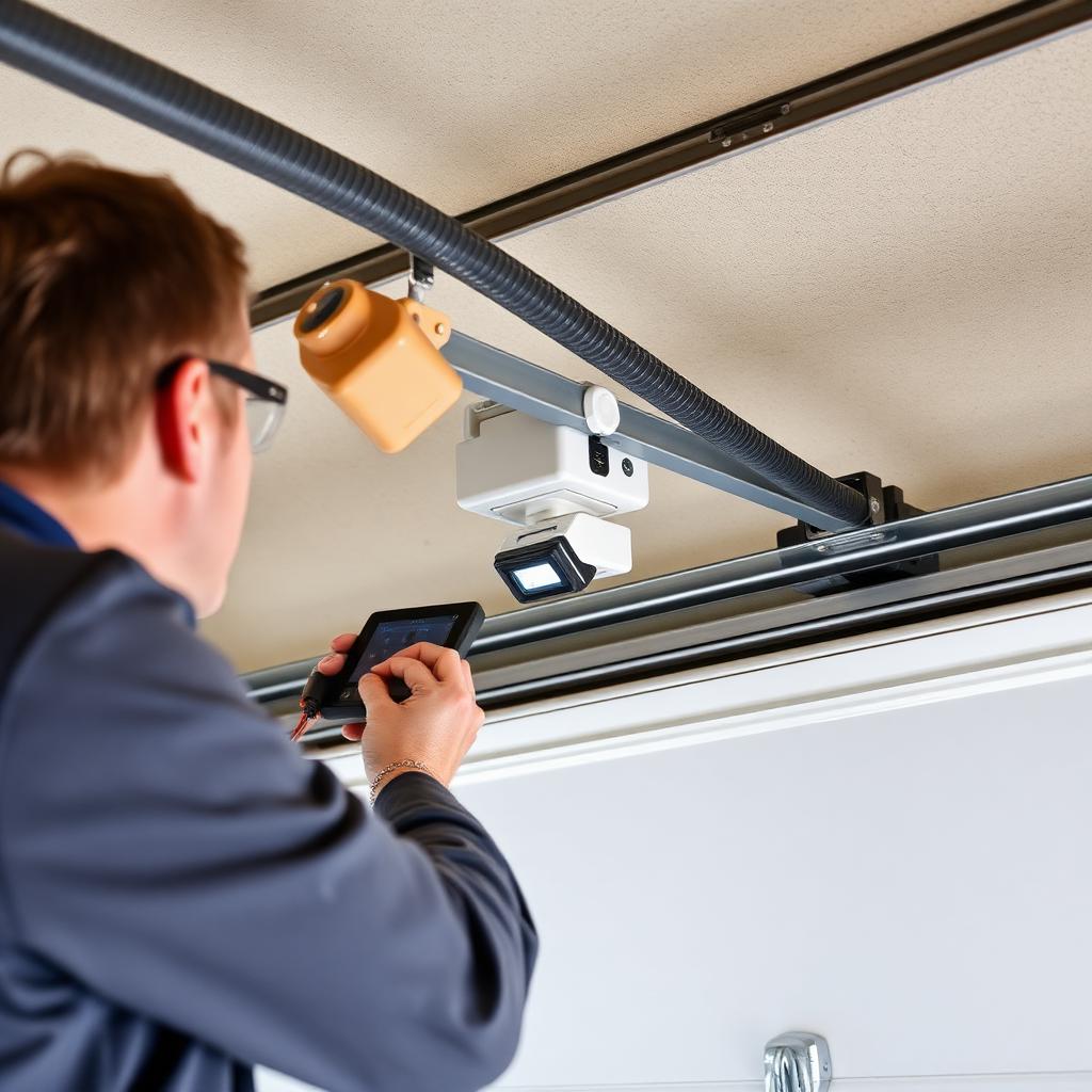 Technician testing garage door safety reversal sensors