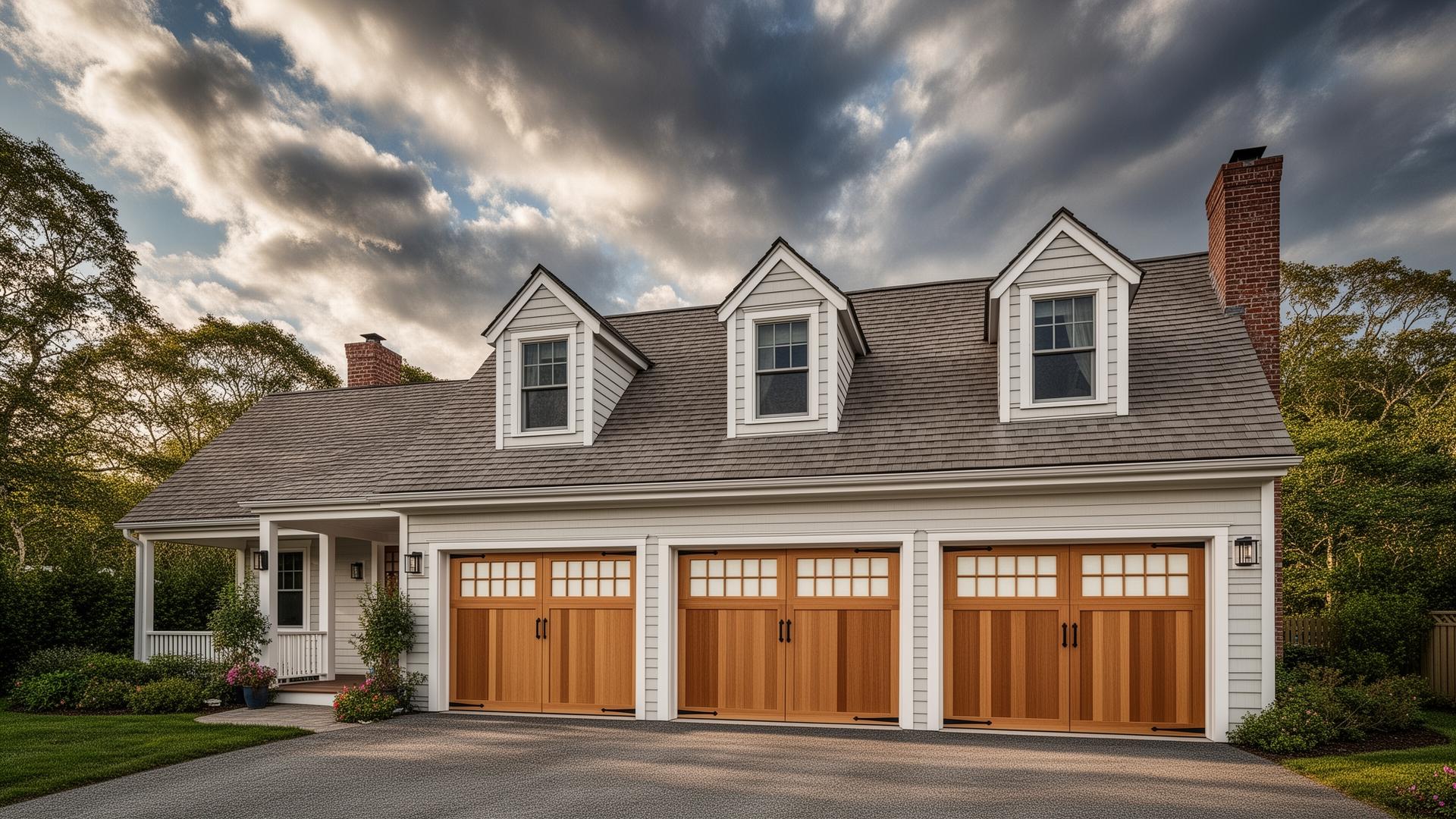 Beautiful Cape Cod cottage with Asian inspired garage doors featuring shoji screen panels