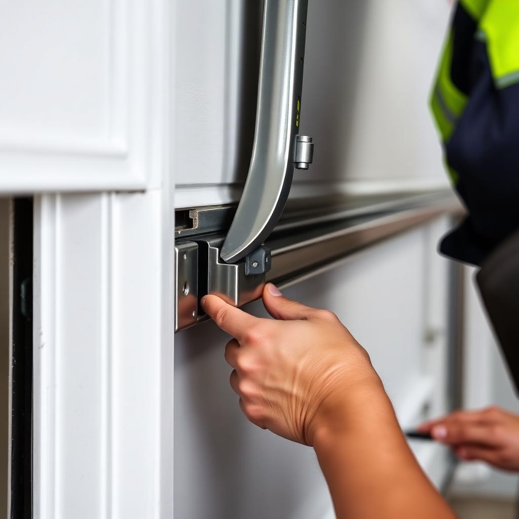 Technician repairing garage door weatherstripping and components
